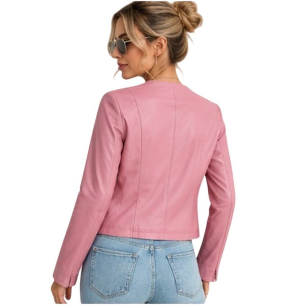 VTG Y2K Uniform John Paul Richard Pink Lamb Leather Jacket L Barbiecore - Picture 2 of 7